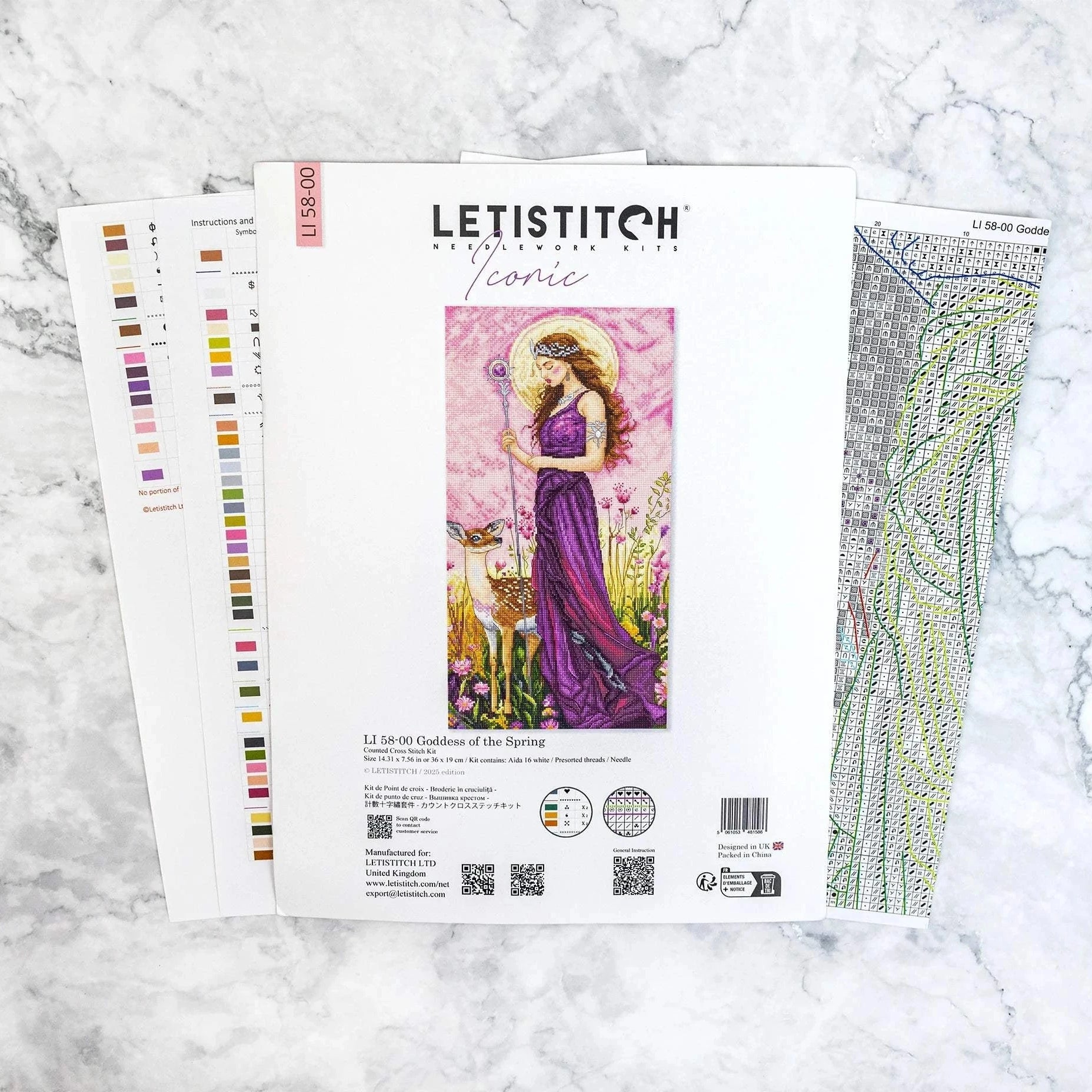 Goddess of the Spring cross stitch kit with 16 count white aida and cotton threads