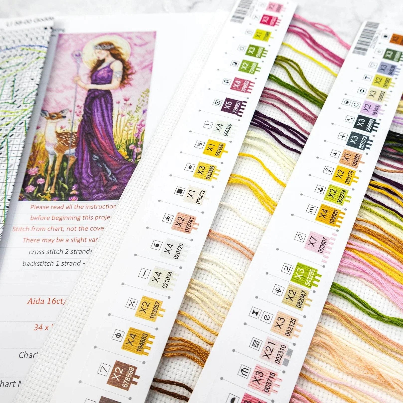 Goddess of the Spring cross stitch kit with 16 count white aida, cotton threads, needle, and instructions, 36x19cm finished size