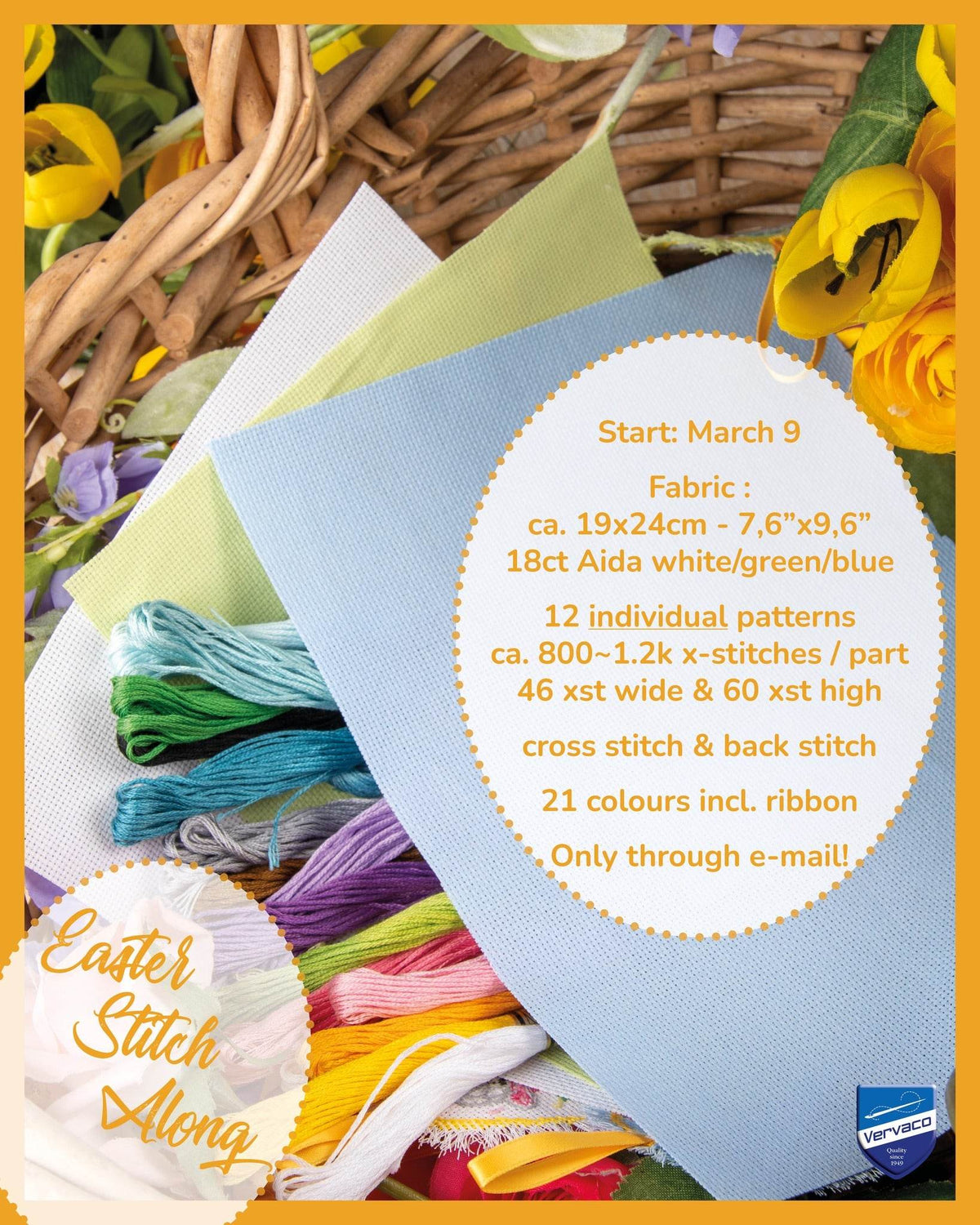 Vervaco Secret Stitch Along 2026/1 Easter cross stitch kit with 12 spring-themed patterns and 18 count fabric
