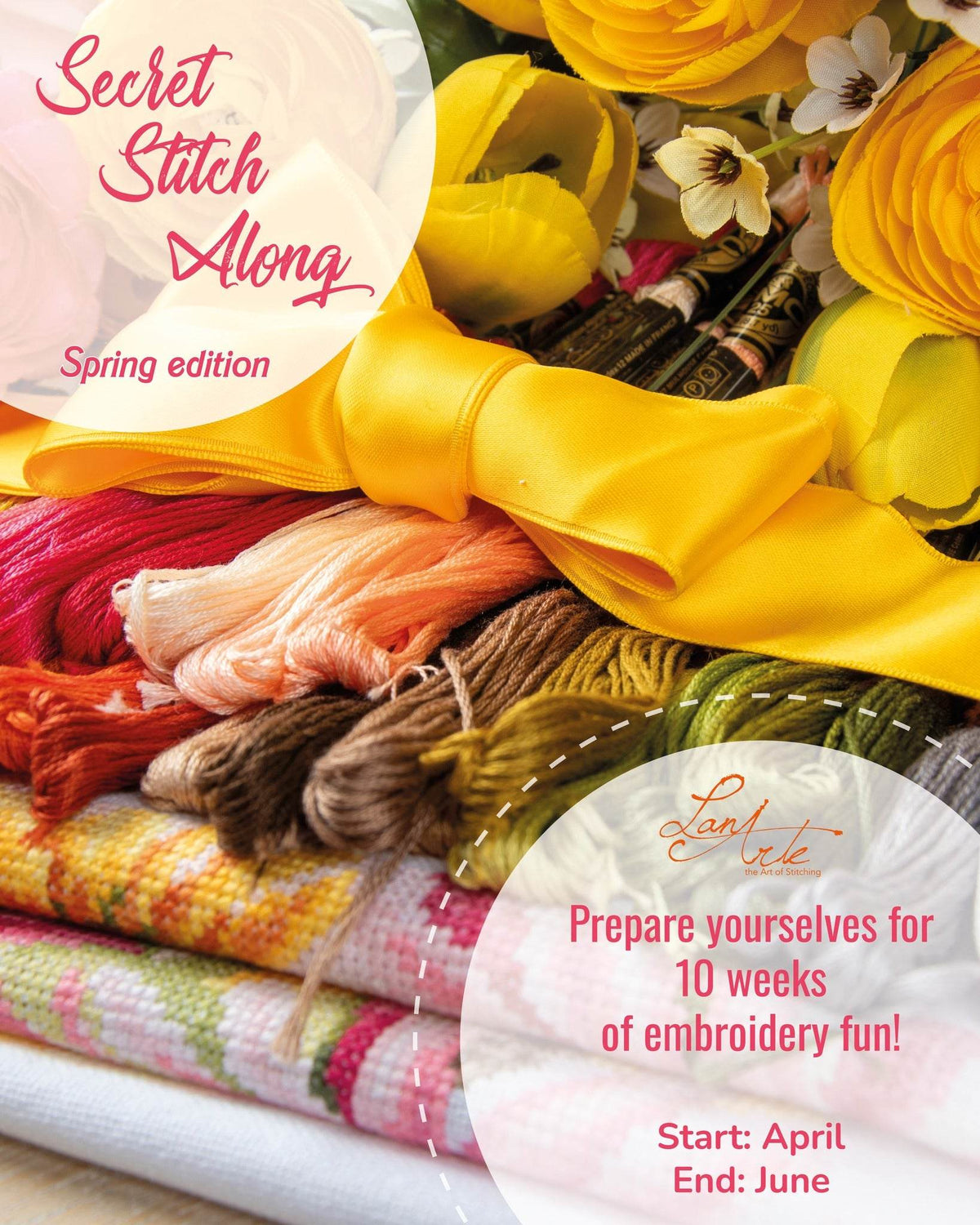Lanarte Secret Stitch Along 2026/2 cross stitch kit with 14 or 27 count fabric and pre-sorted cottons