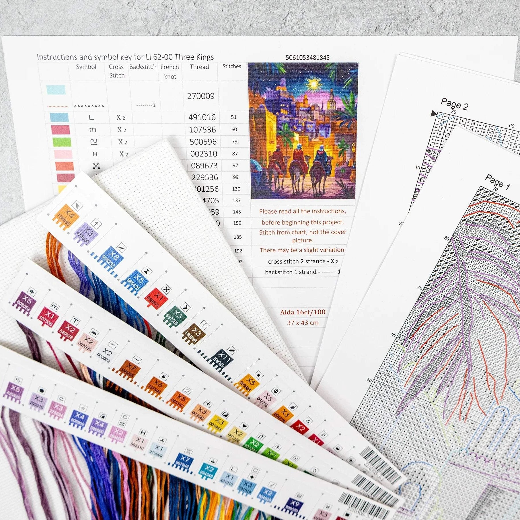Three Kings Cross Stitch Kit with 16 count Zweigart aida and pre-sorted stranded cottons