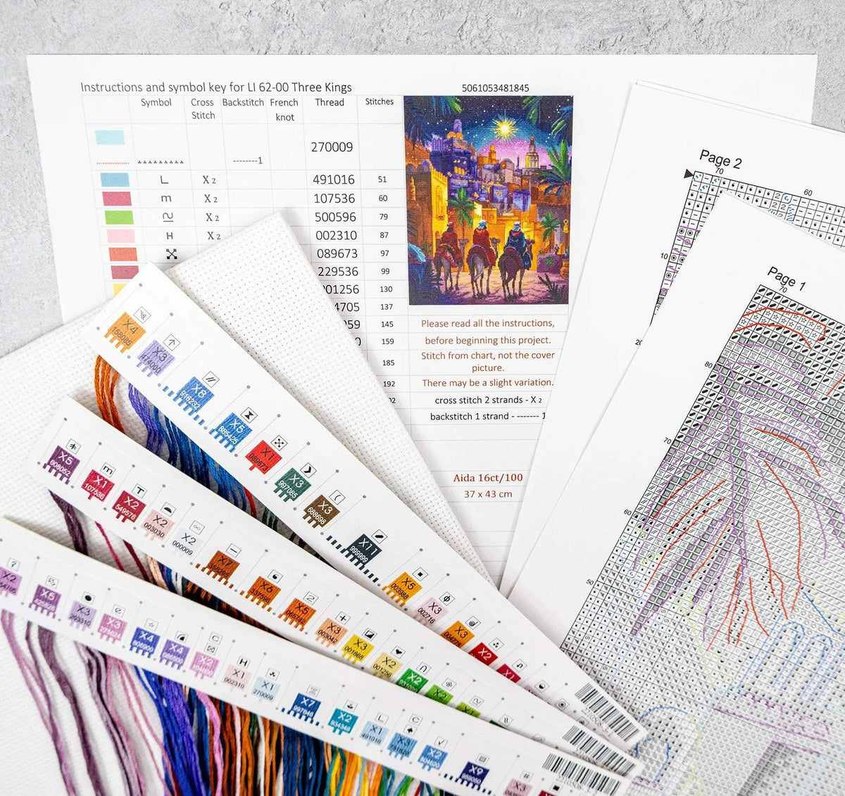 Three Kings Cross Stitch Kit with 16 count Zweigart aida and pre-sorted stranded cottons