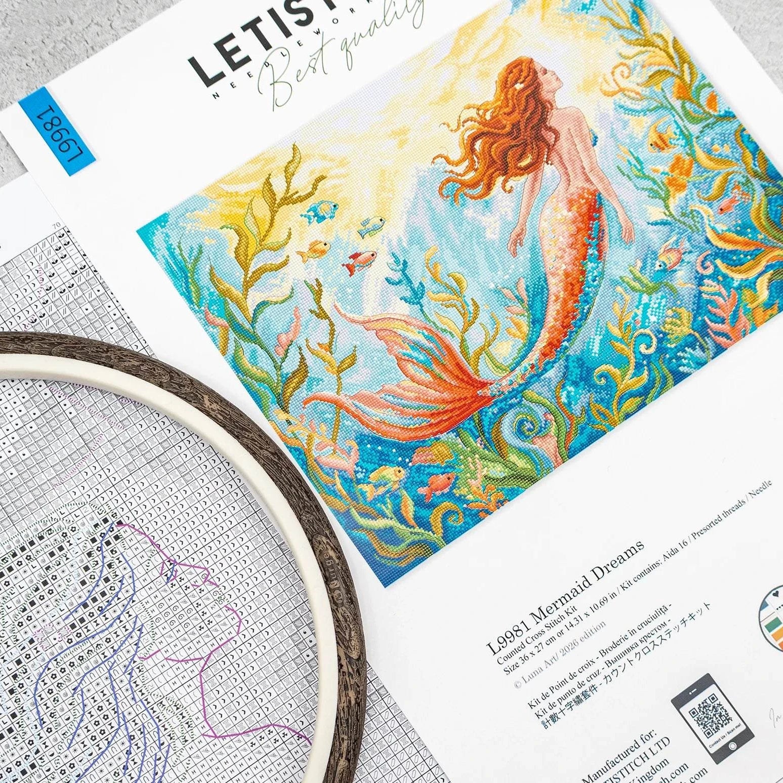 Mermaid Dreams Cross Stitch Kit with 16 count Zweigart aida and pre-sorted cottons showing finished mermaid design