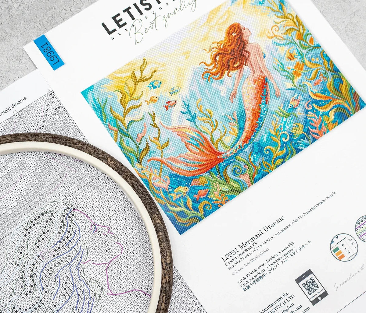 Mermaid Dreams Cross Stitch Kit with 16 count Zweigart aida and pre-sorted cottons showing finished mermaid design