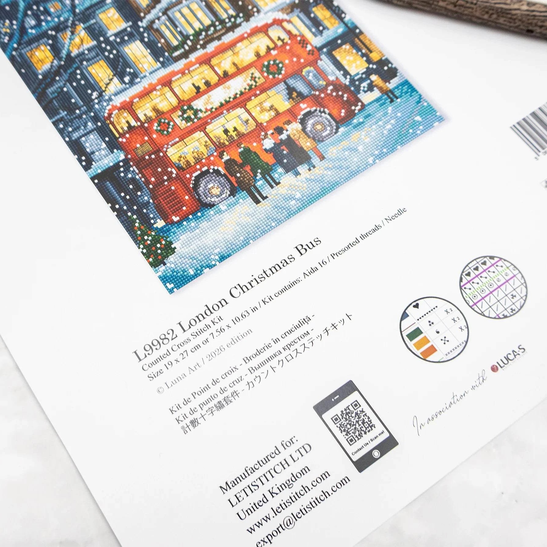 London Christmas Bus cross stitch kit with 16 count fabric and needle