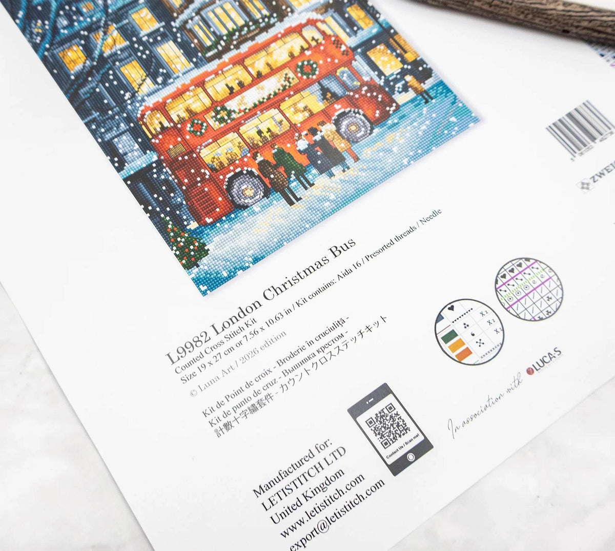 London Christmas Bus cross stitch kit with 16 count fabric and needle