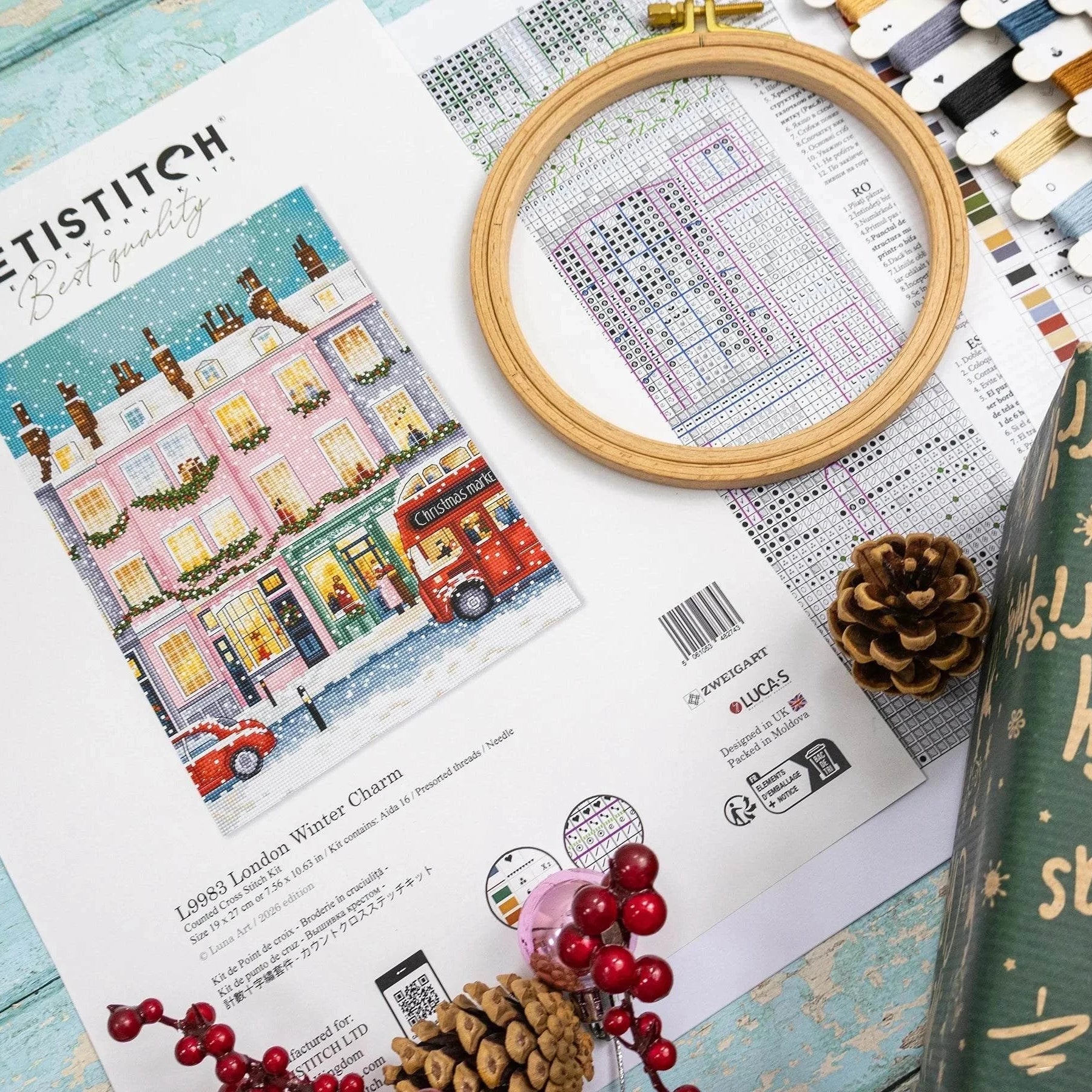 London Winter Charm cross stitch kit with 16 count fabric and instructions