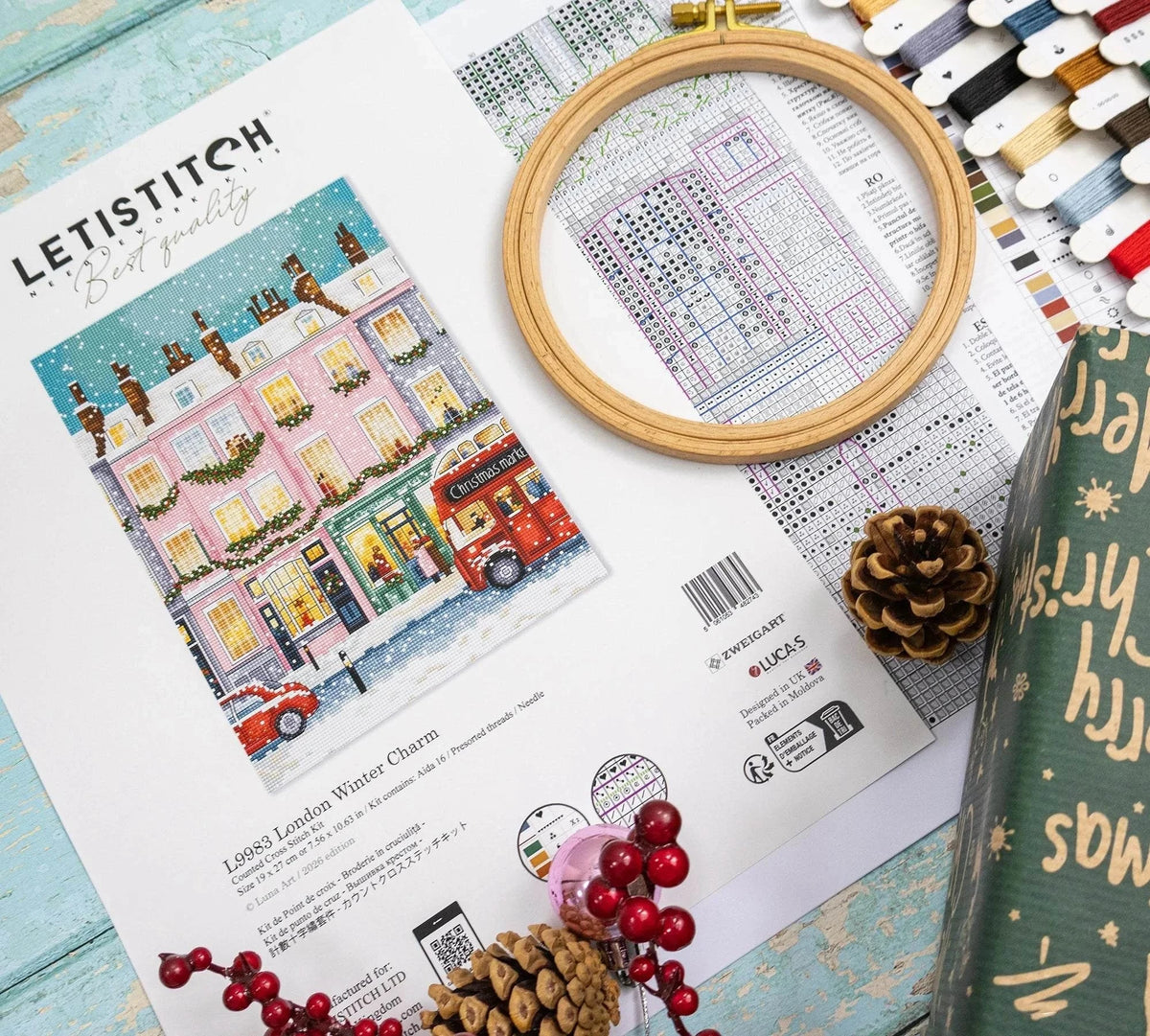 London Winter Charm cross stitch kit with 16 count fabric and instructions