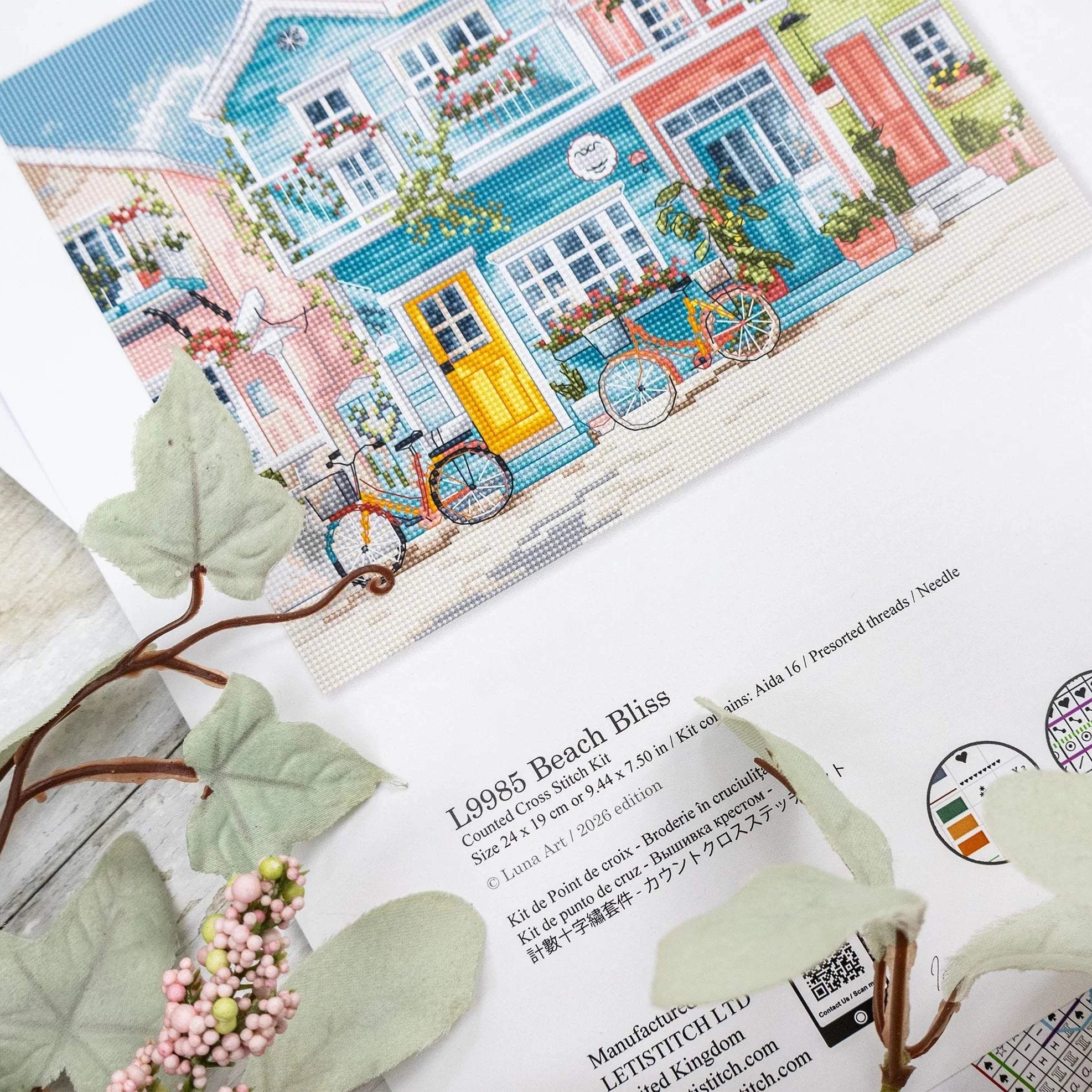 Beach Bliss Cross Stitch Kit with 16 count aida fabric, needle, cotton threads, and instructions, finished size 24x19cm