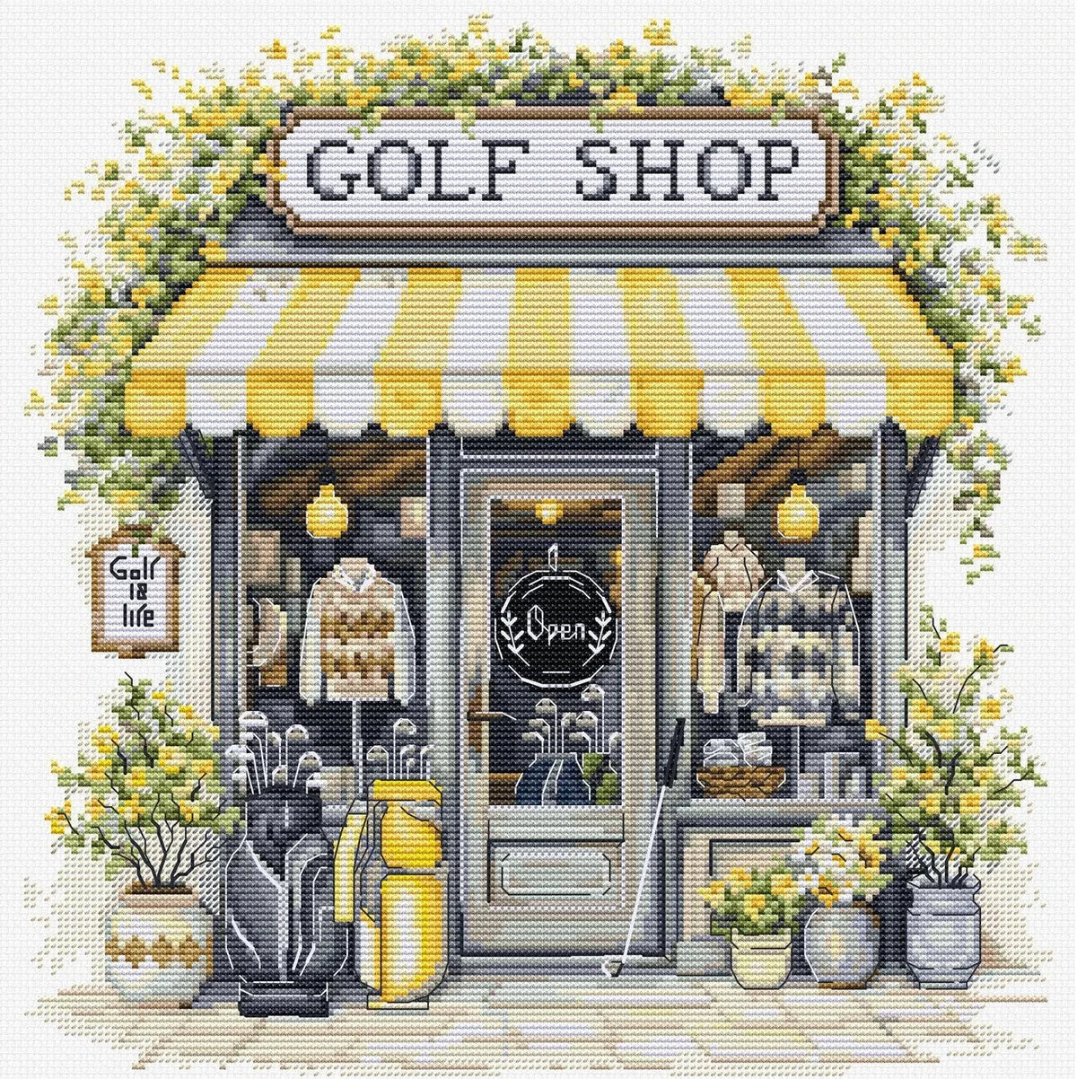 Golf Shop Cross Stitch Kit with 16 count Zweigart aida and pre-sorted cottons