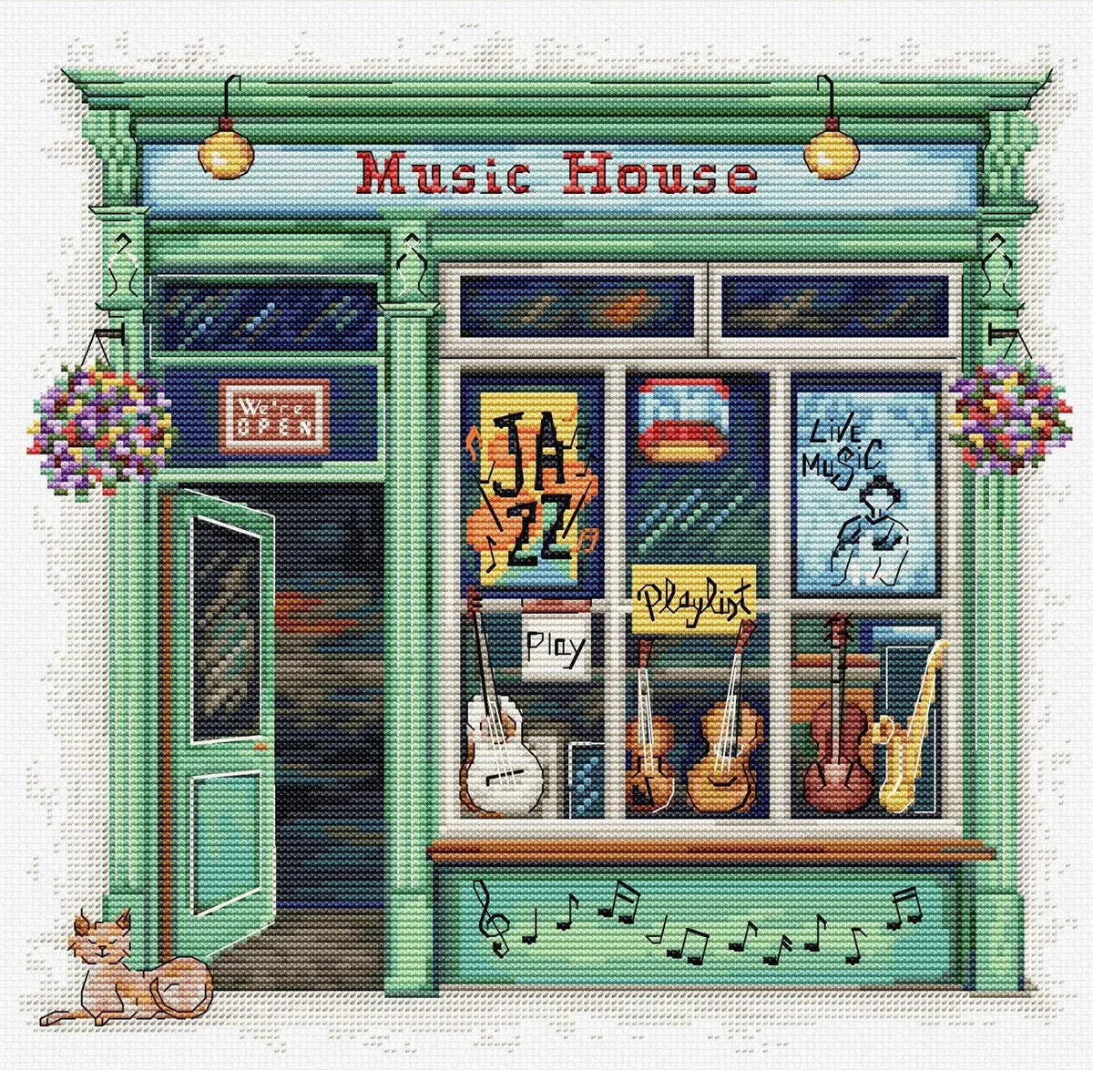 Music House Cross Stitch Kit with 16 count Zweigart aida and pre-sorted cottons