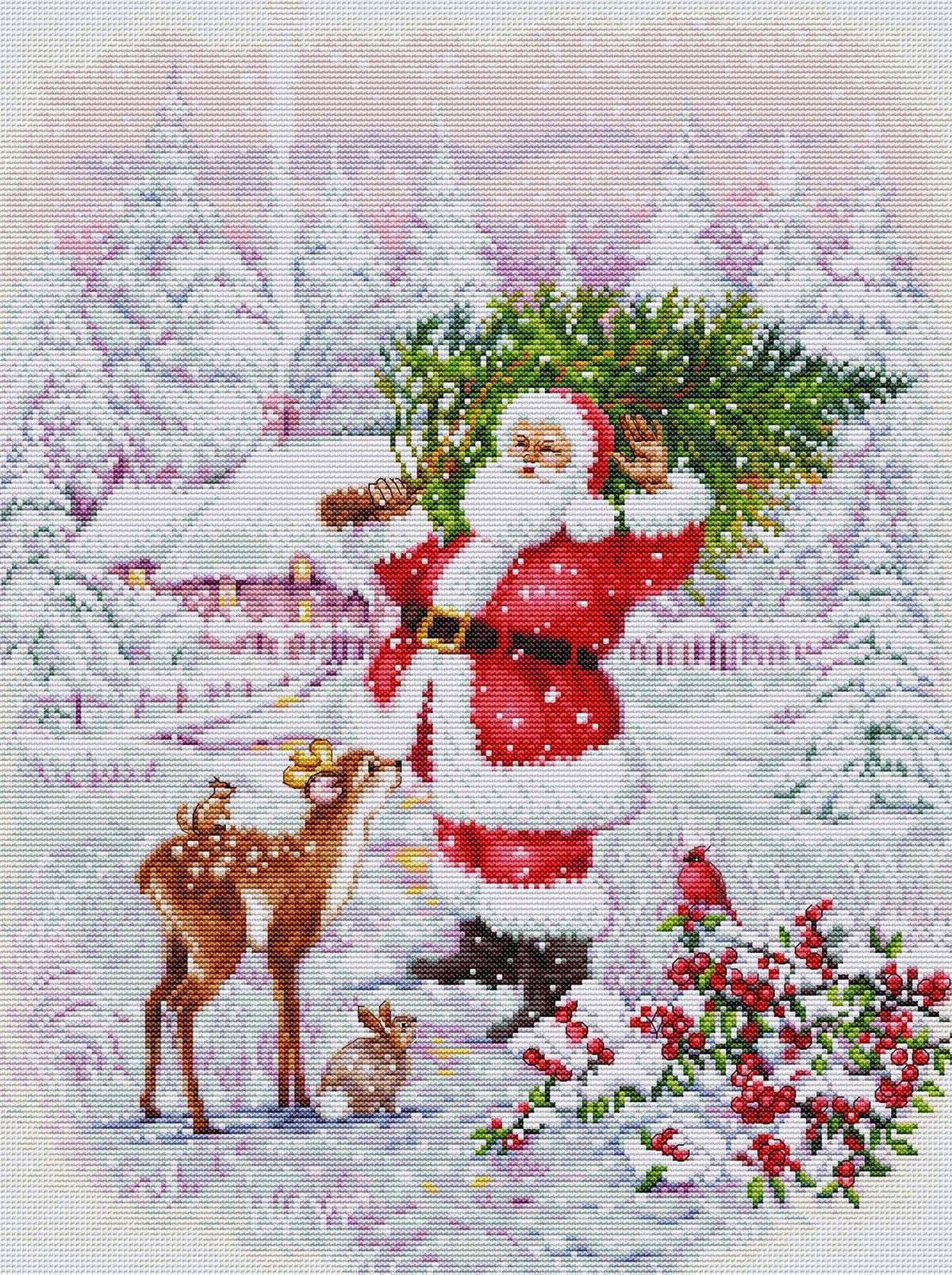 Santa with Tree cross stitch kit on 16 count Zweigart aida with cottons and needle