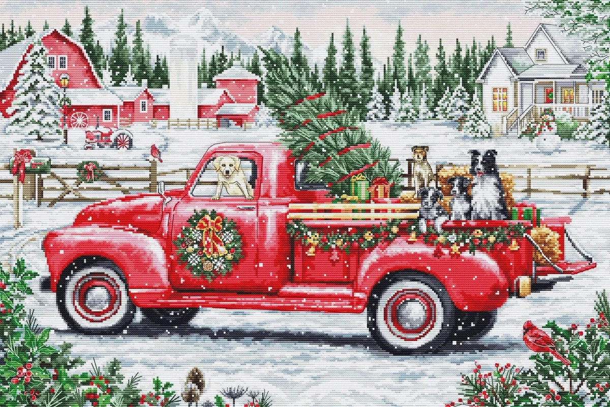 Red Christmas truck cross stitch kit with 16 count aida fabric and instructions