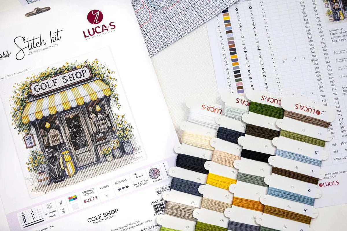 Golf Shop Cross Stitch Kit with 16 count Zweigart aida and pre-sorted cottons