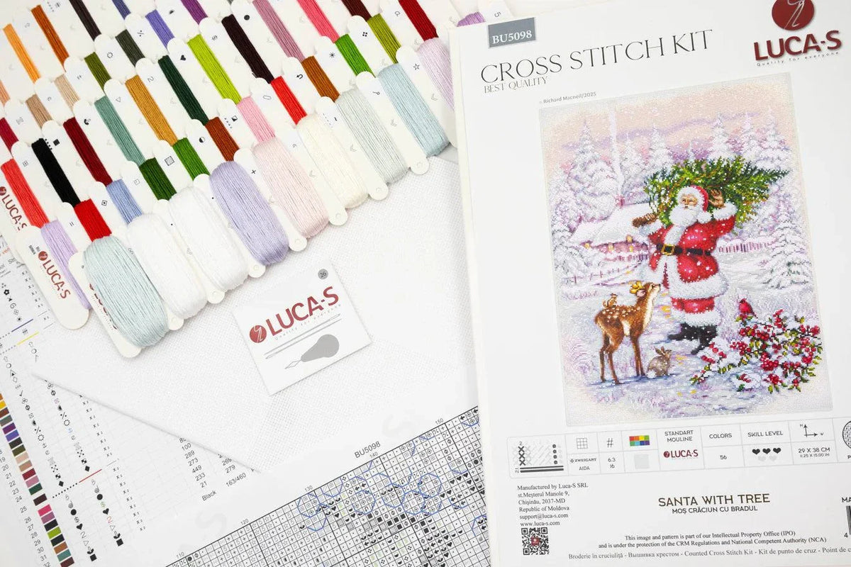 Santa with Tree Cross Stitch Kit on 16 count Zweigart aida fabric with needle and cottons