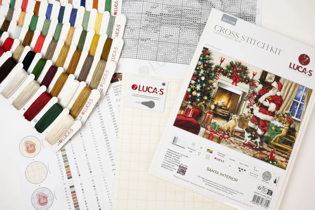 Santa Interior Cross Stitch Kit with 16 count Zweigart aida and pre-sorted cotton threads