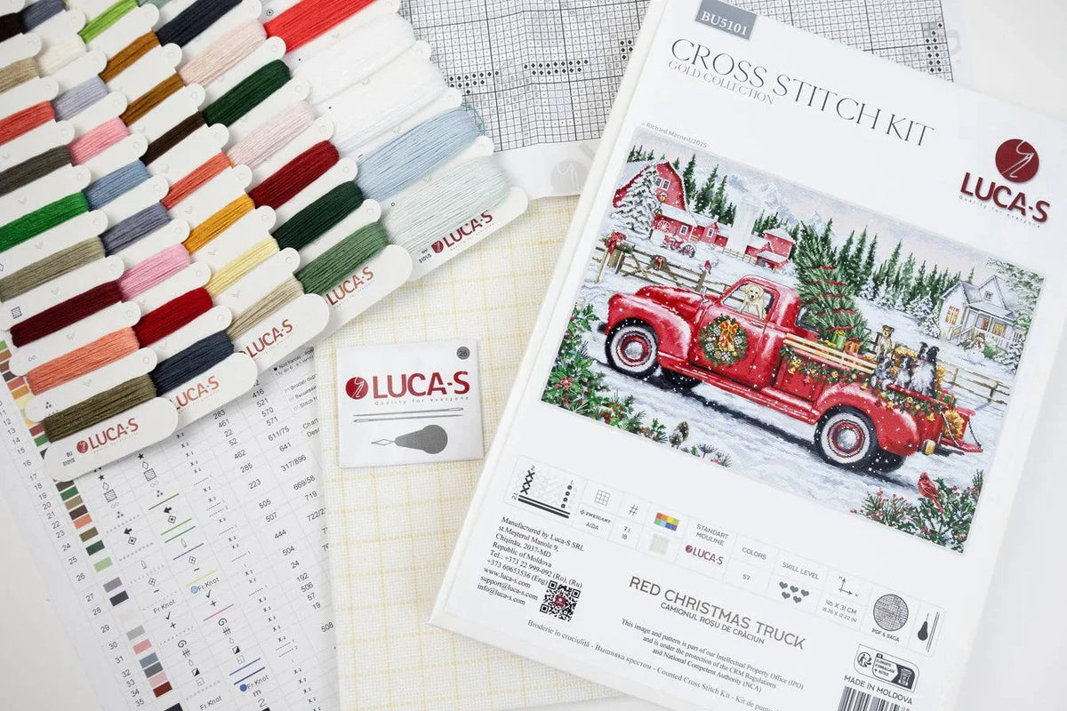 Red Christmas Truck cross stitch kit with 16 count Zweigart aida and needle