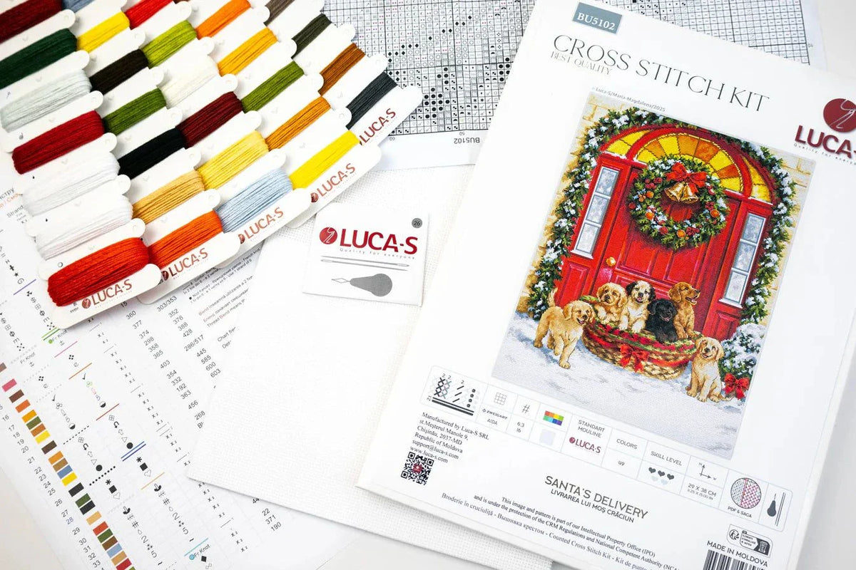 Santa's Delivery Cross Stitch Kit with 16 count Zweigart aida and pre-sorted stranded cottons