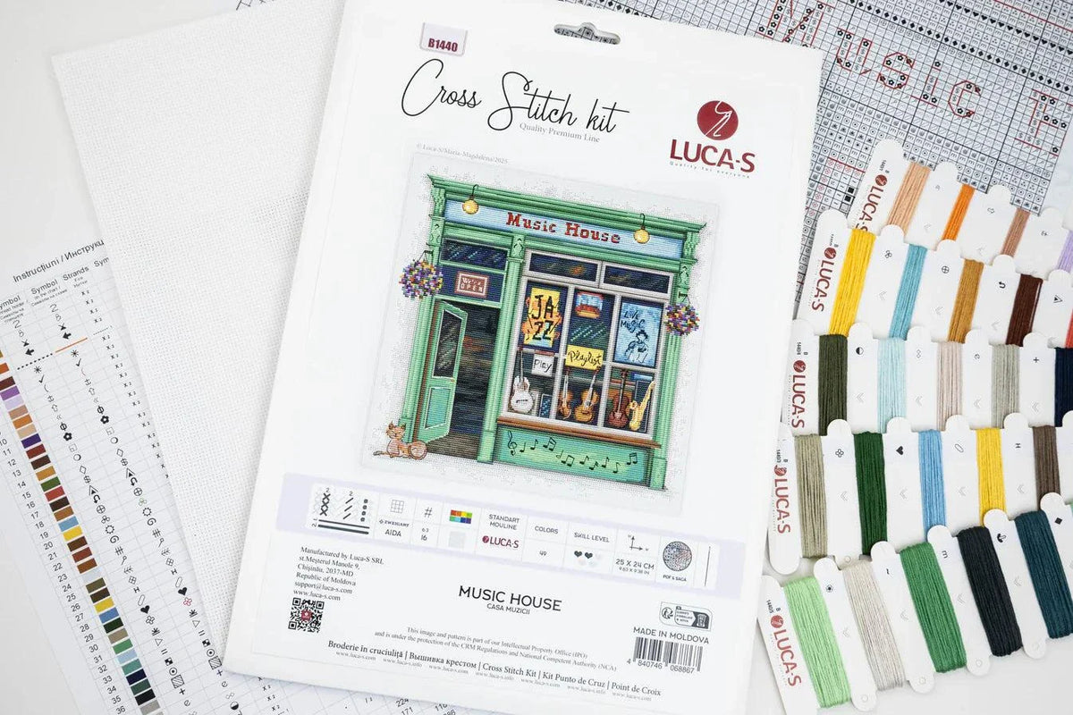Music House Cross Stitch Kit with 16 count Zweigart aida and pre-sorted stranded cottons