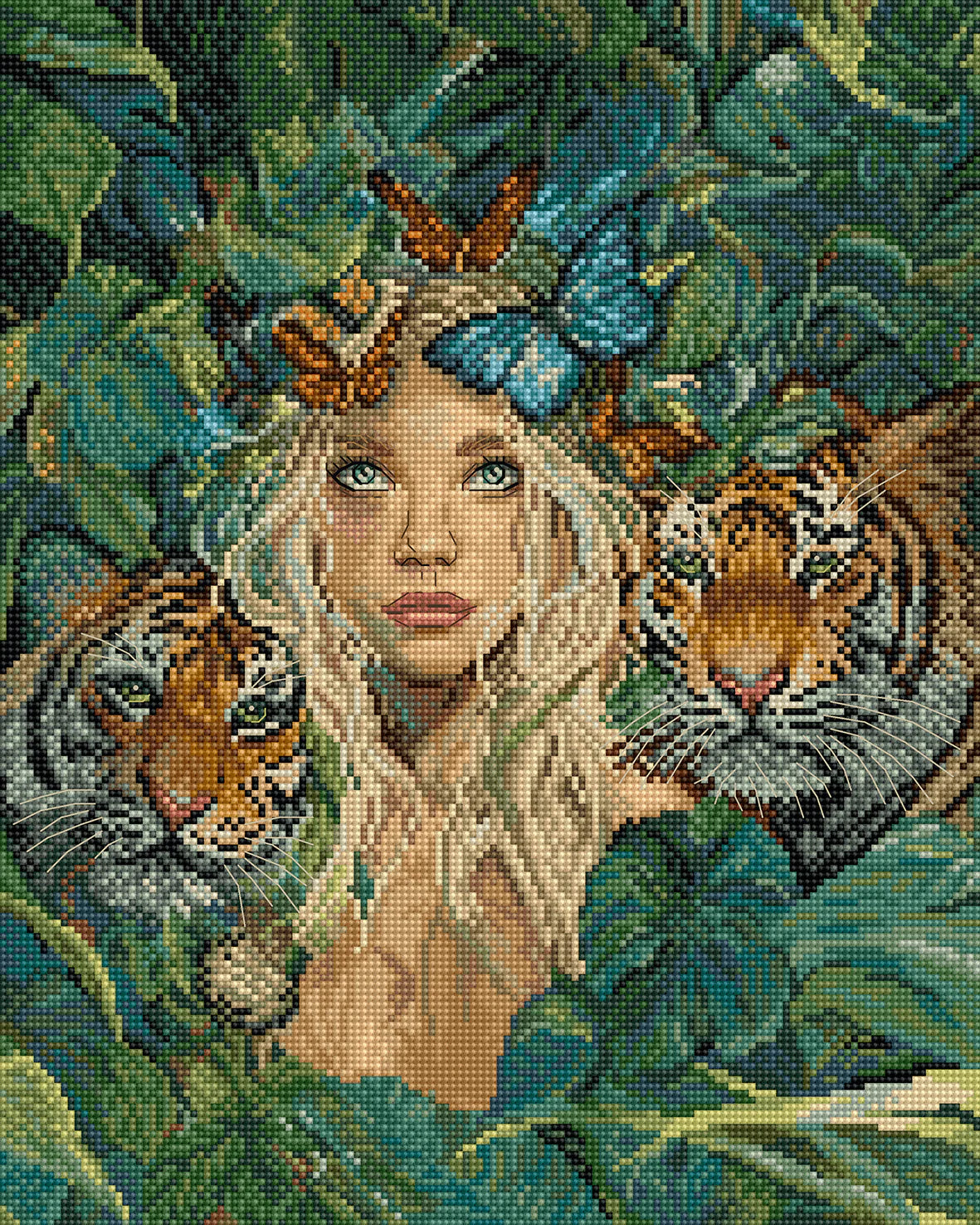 Natures Muse Cross Stitch Kit with 16 count Zweigart aida, pre-sorted cottons, needle, and instructions displayed on white background