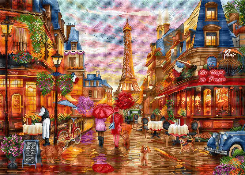 After The Rain Paris landmark cross stitch kit with 16 count aida and cotton threads