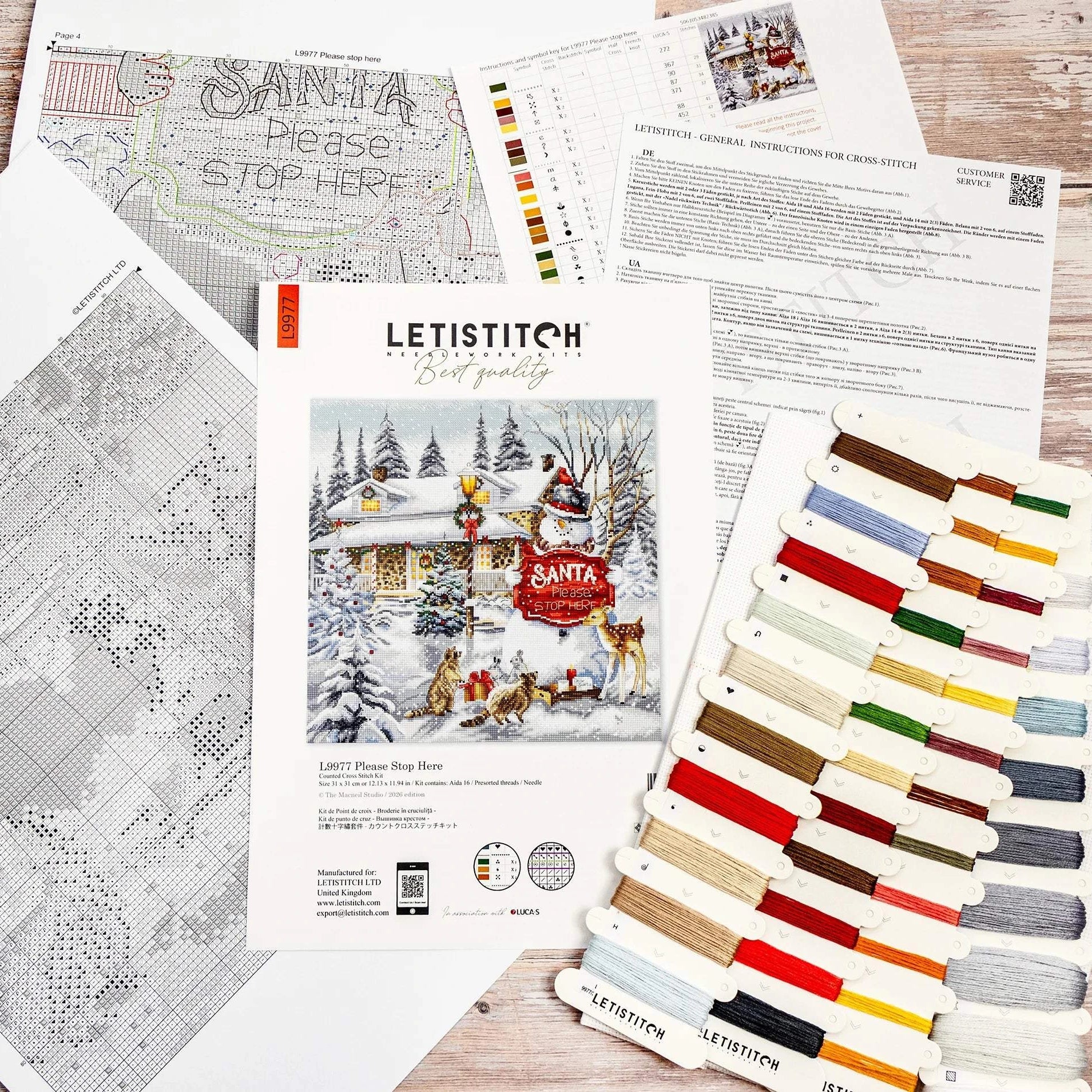 Please Stop Here Cross Stitch Kit with 16 count white aida, cotton threads, needle, and instructions, 31cm by 31cm finished size