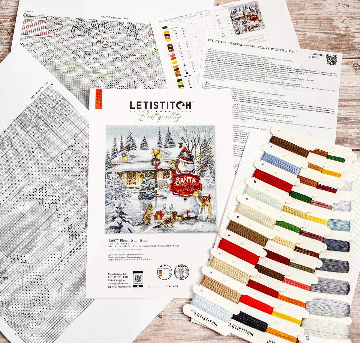 Please Stop Here Cross Stitch Kit with 16 count white aida, cotton threads, needle, and instructions, 31cm by 31cm finished size