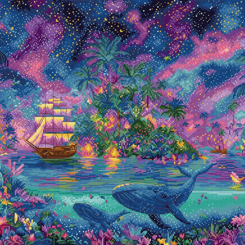 Celestial Isles Cross Stitch Kit with 16 count white aida fabric and thread kit