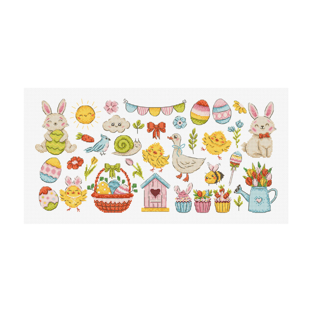 Easter Sampler Cross Stitch Kit with 16 count Zweigart aida, cotton threads, needle, and instructions, finished size 40cm by 19cm