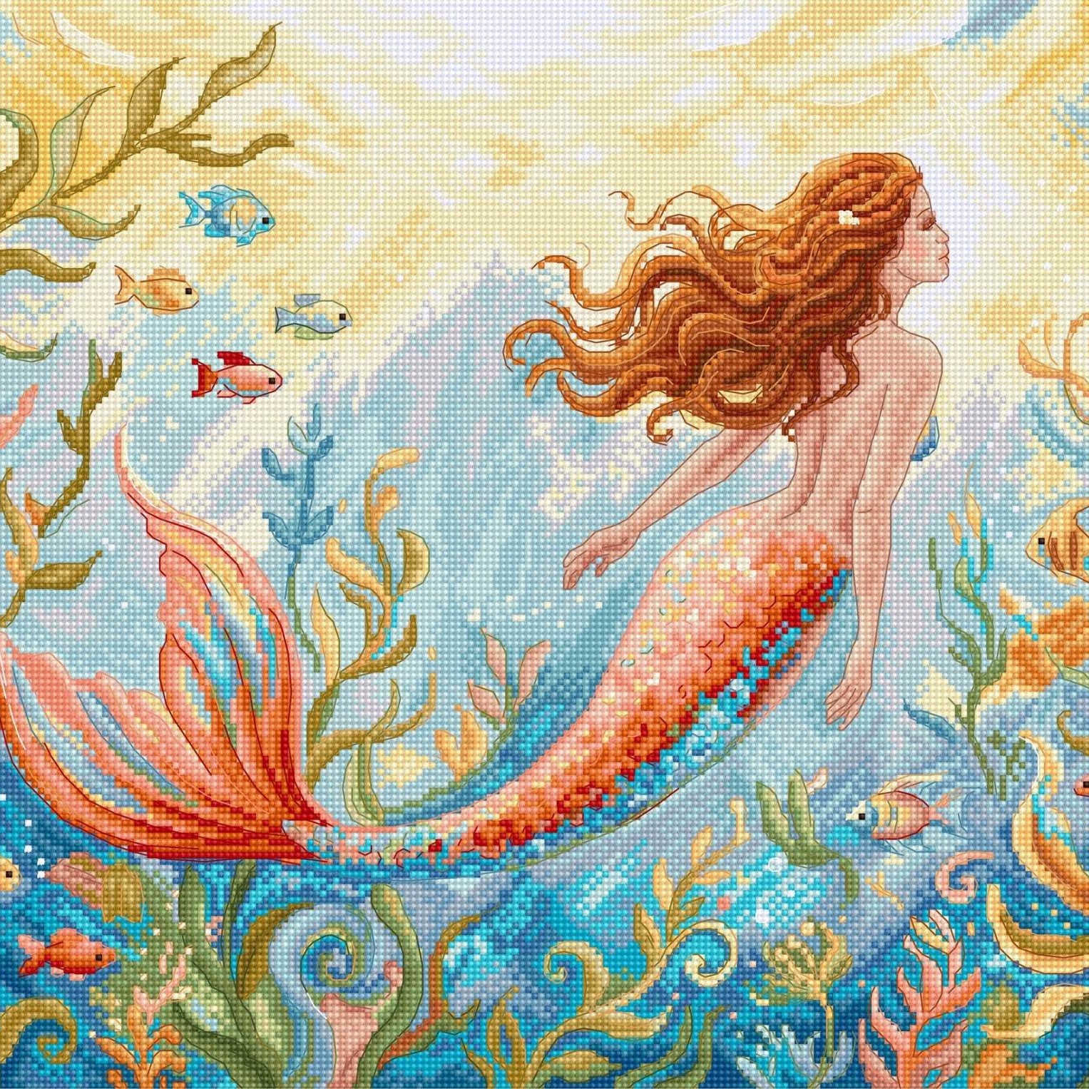 Mermaid Dreams Cross Stitch Kit with 16 count Zweigart aida and pre-sorted cottons.