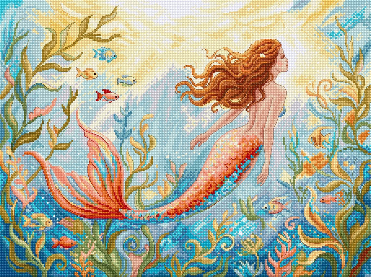 Mermaid Dreams Cross Stitch Kit with 16 count Zweigart aida and pre-sorted cottons.