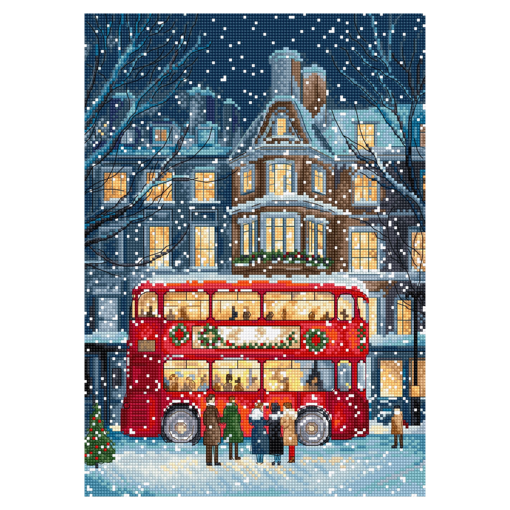 London Christmas Bus cross stitch kit with 16 count aida, cottons, needle, and instructions, finished size 19x27cm