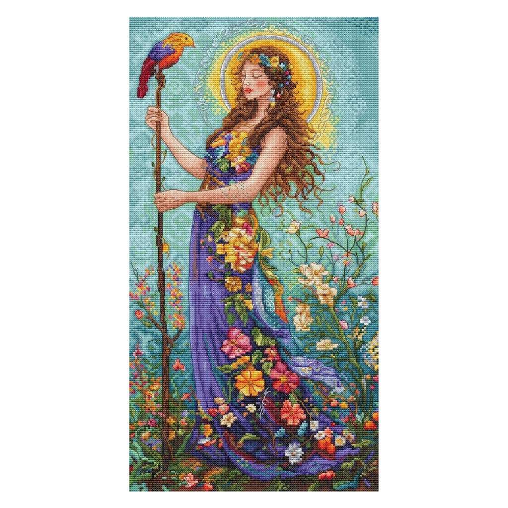 Goddess of the Summer cross stitch kit with 16 count white aida, cotton threads, needle, and instructions