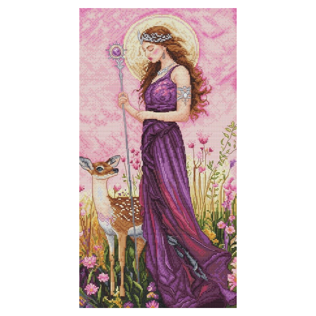 Goddess of the Spring cross stitch kit with 16 count white Aida fabric and cotton threads