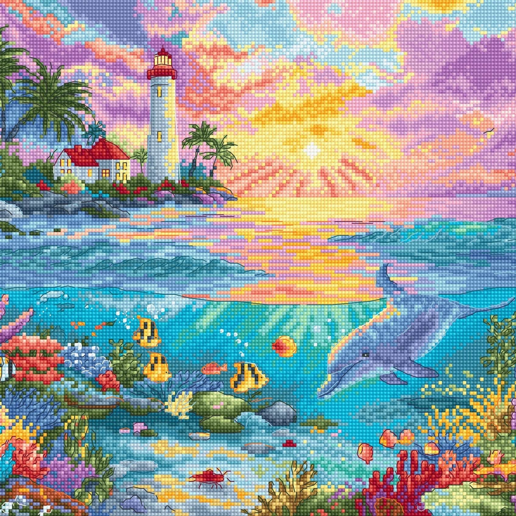Dolphin's Paradise Cross Stitch Kit with 16 count white aida, pre-sorted cottons, needle, and instructions