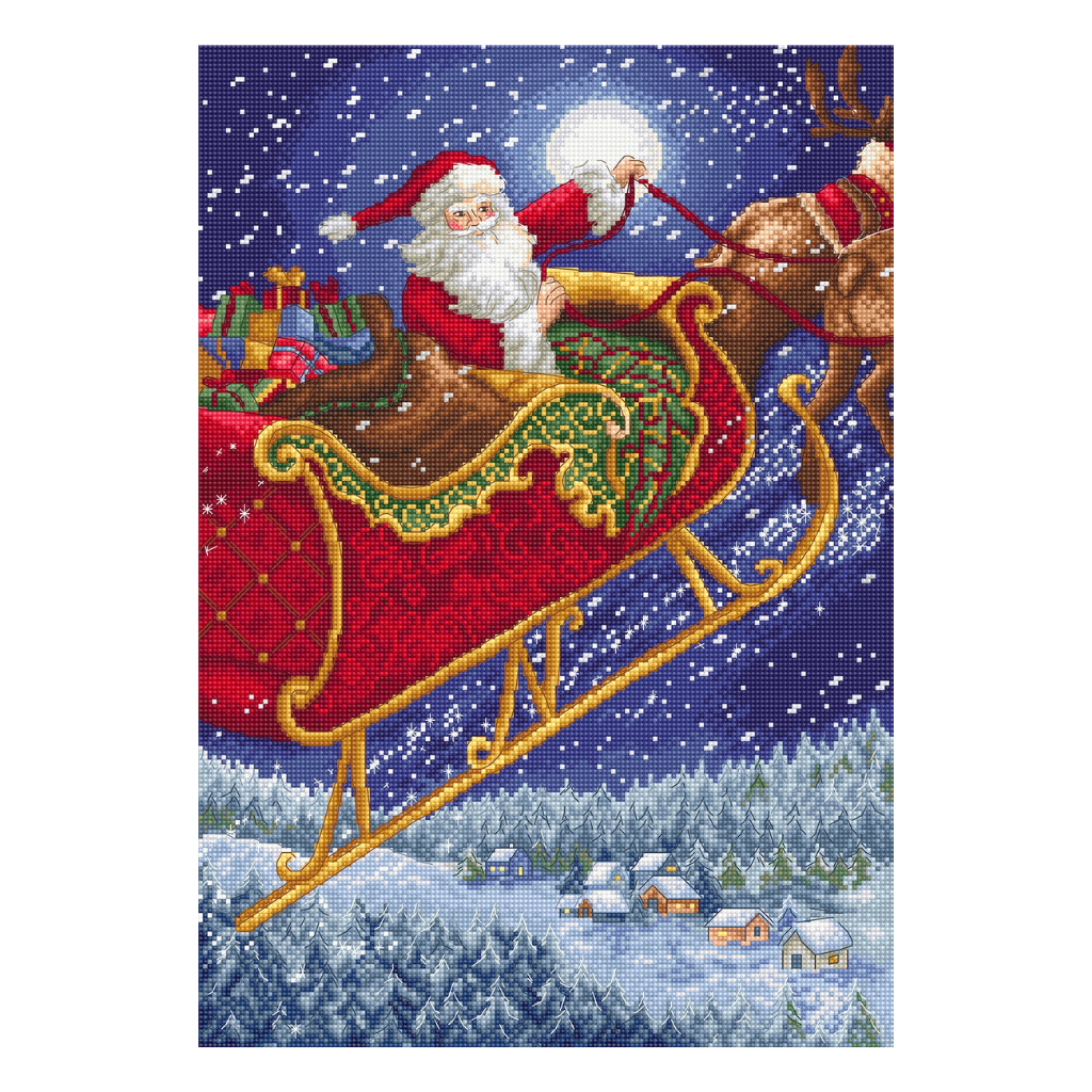 Santa Sleigh cross stitch kit with 16 count Zweigart aida, cotton threads, needle, and