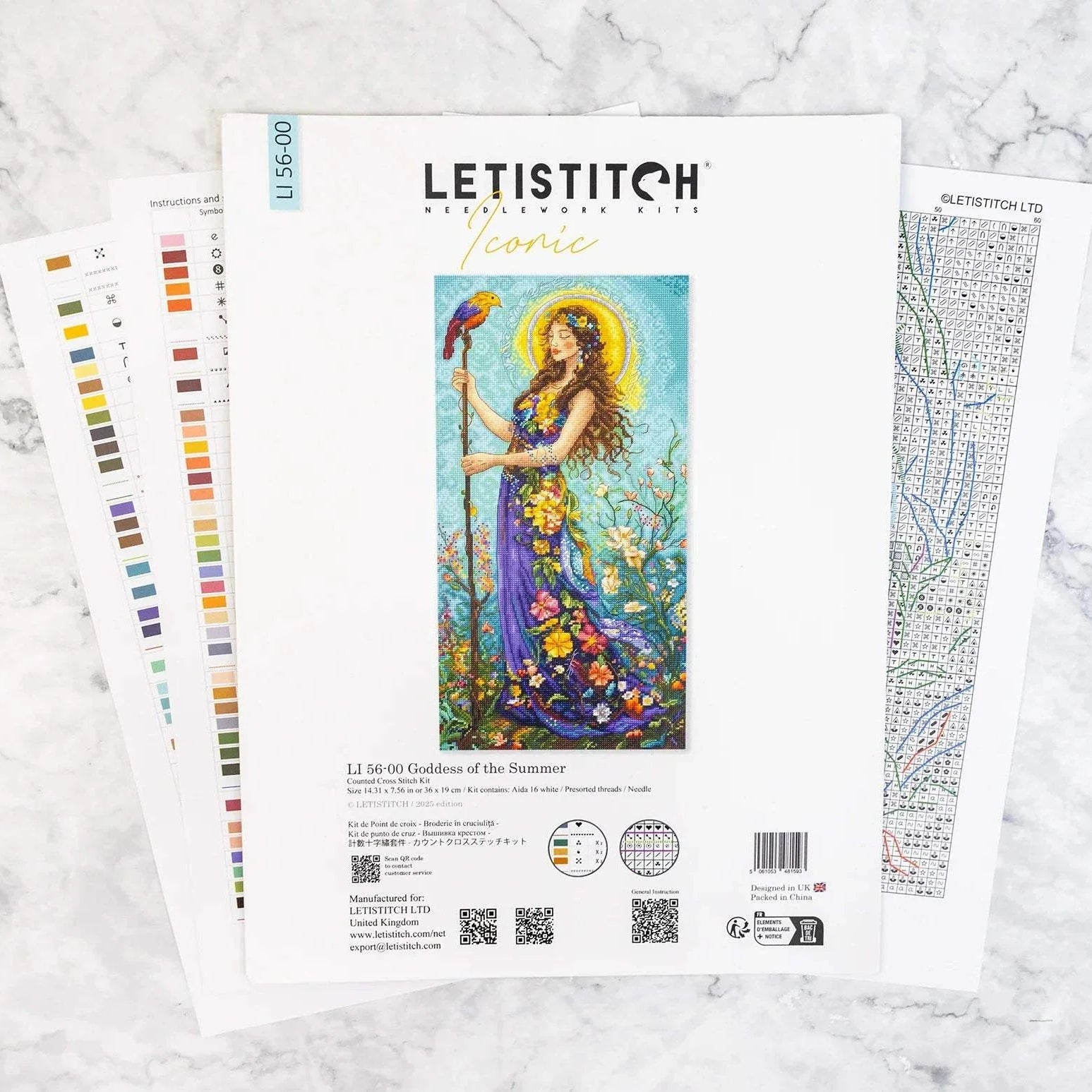 Goddess of the Summer cross stitch kit with 16 count white Aida fabric and pre-sorted cotton threads