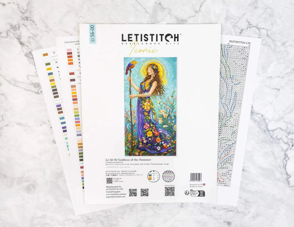 Goddess of the Summer cross stitch kit with 16 count white Aida fabric and pre-sorted cotton threads