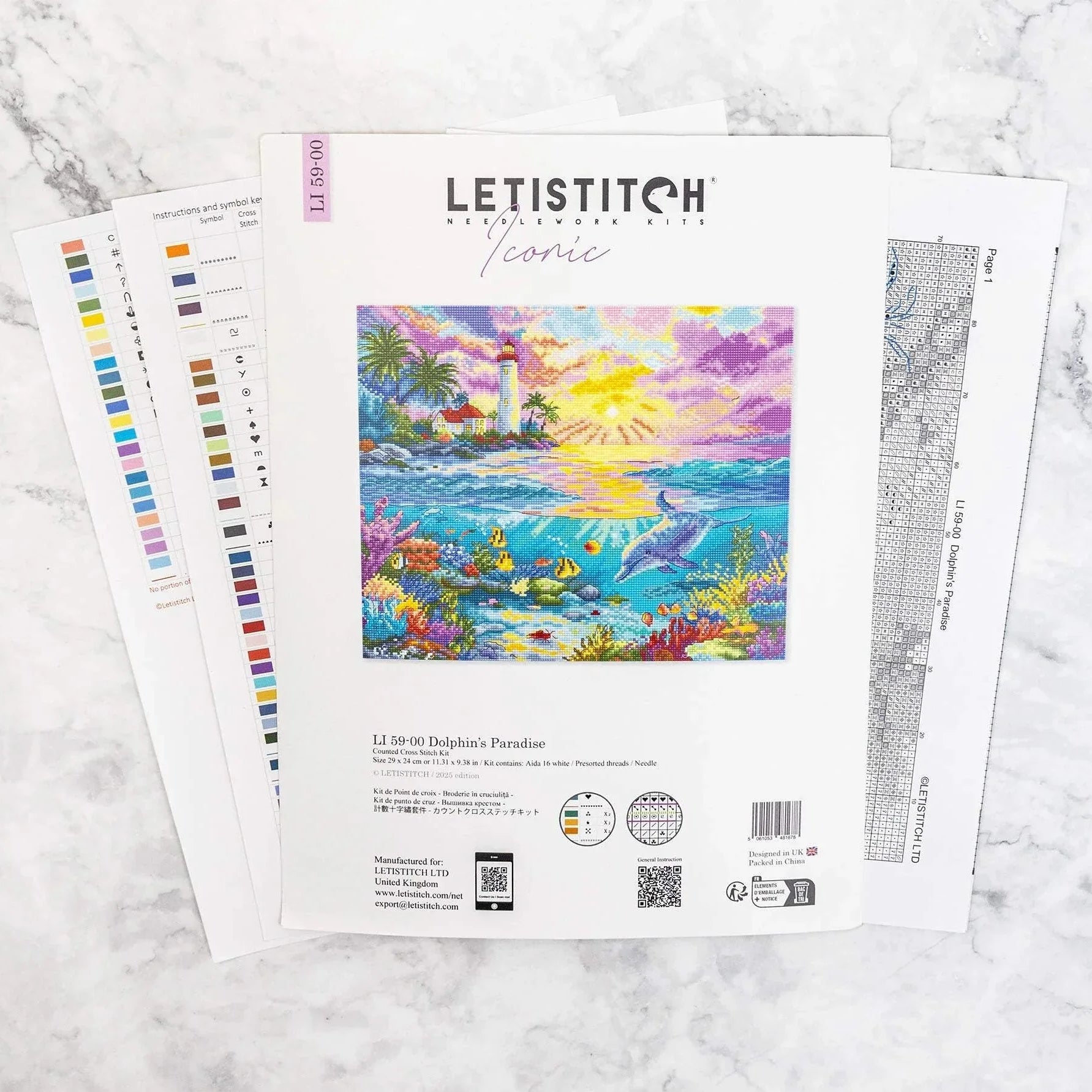 Dolphin's Paradise Cross Stitch Kit with 16 count white Aida fabric and pre-sorted cotton threads