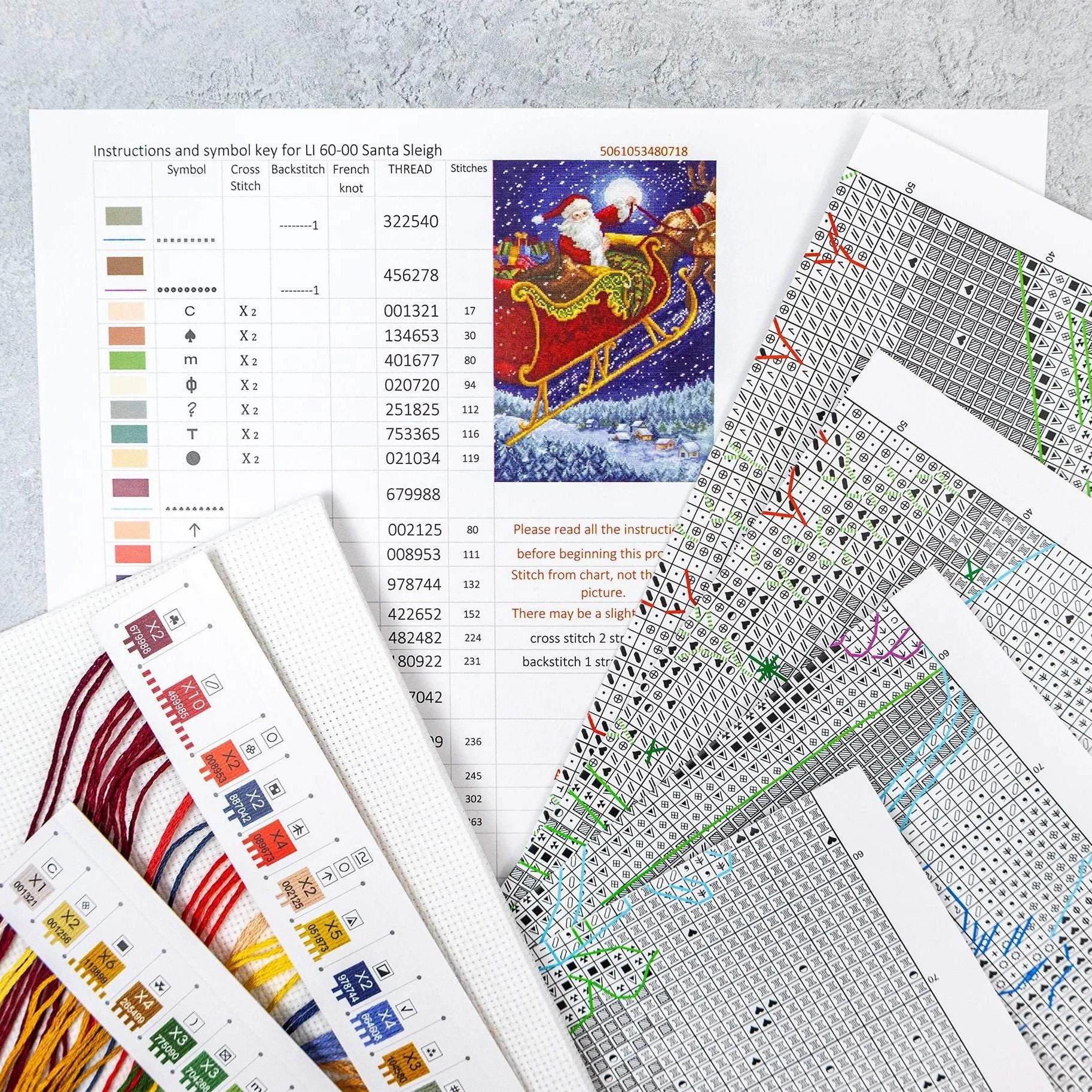 Santa Sleigh Cross Stitch Kit with 16 count Zweigart aida and instructions