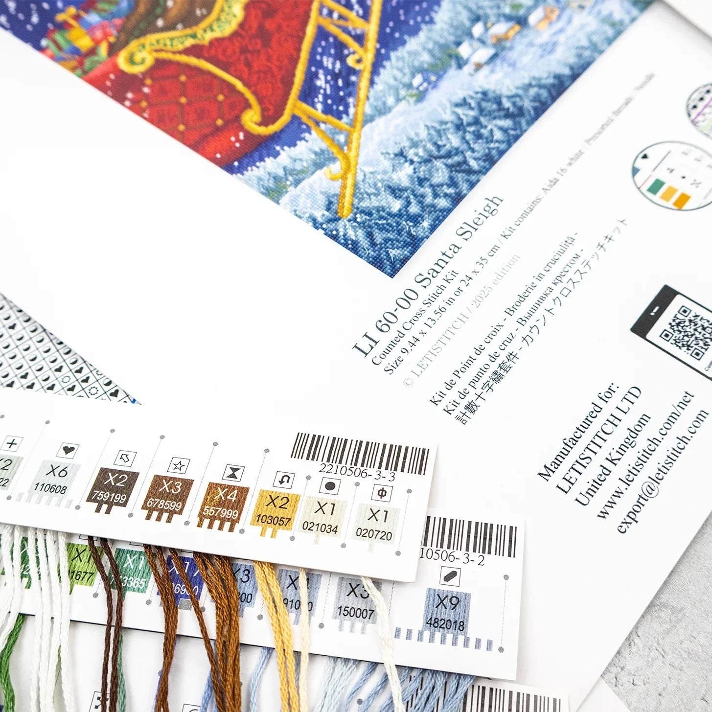 Santa Sleigh Cross Stitch Kit with 16 count aida, needle, cottons, and instructions, finished size 24x35cm