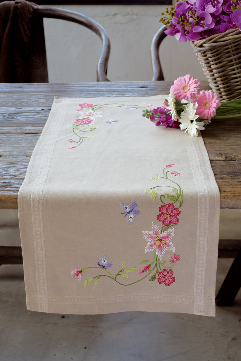 Embroidery Kit Table Runner Flowers & Butterflies Cotton Club Crafts