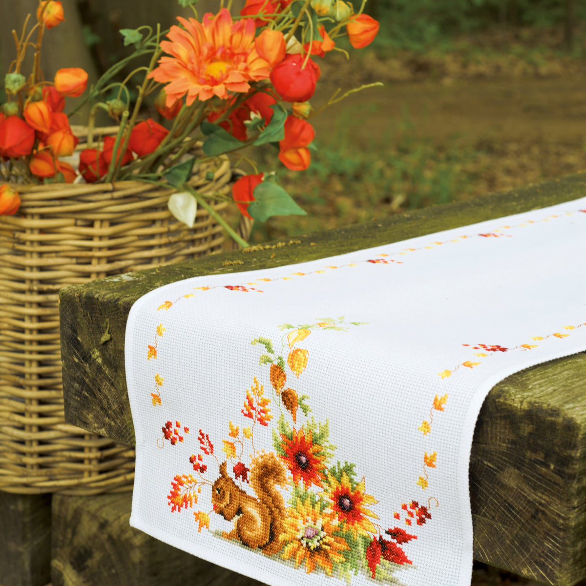 Counted Cross Stitch Kit Table Runner ~ Squirrel in Autumn – Cotton ...