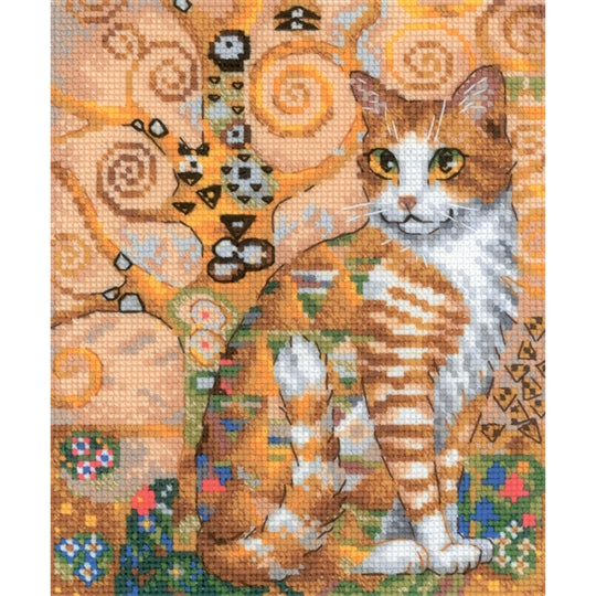 RIOLIS Golden Cat counted cross stitch kit showing a decorative cat with patterned background in warm golden tones