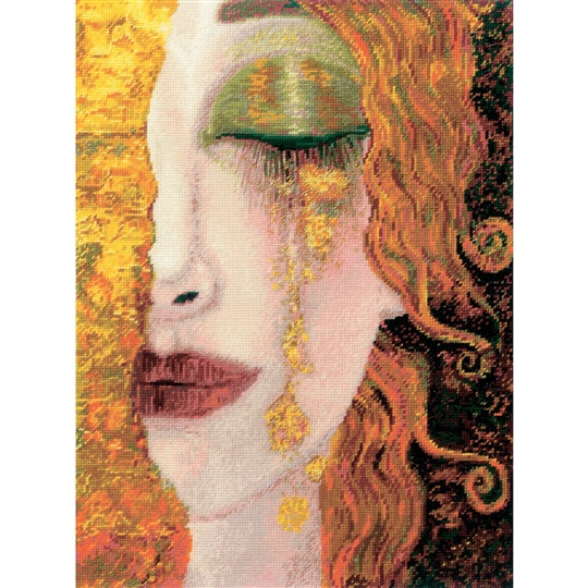RIOLIS Golden Tears counted cross stitch kit featuring a woman portrait with closed eyes and gold tear detail