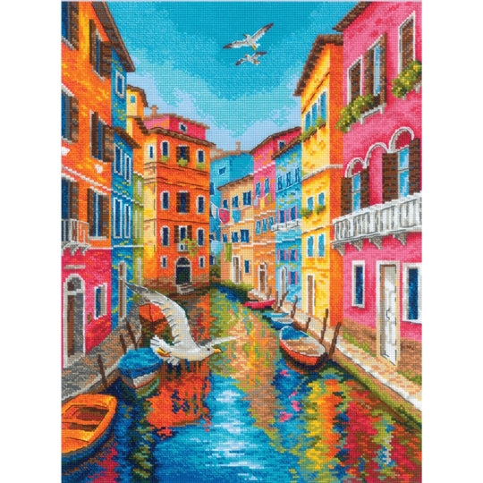 RIOLIS Where the Sea Begins counted cross stitch kit showing a colourful Venetian-style canal with boats and bright buildings