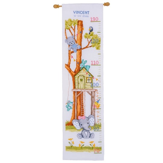 Tree House Height Chart cross stitch kit with aida fabric, DMC cottons, and needle