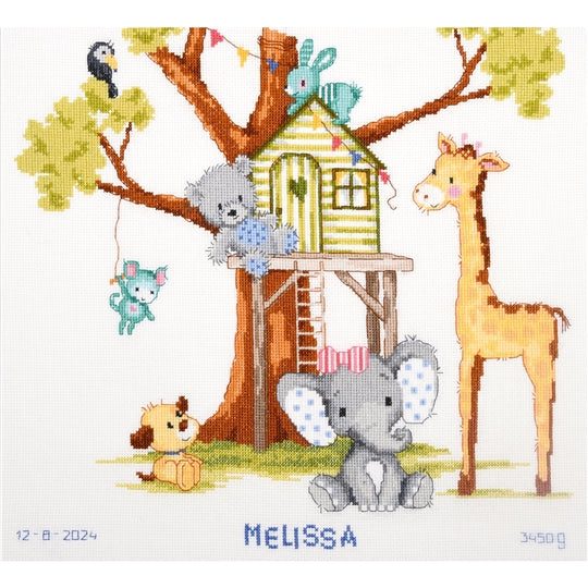 At The Tree House cross stitch kit on 14 count ecru aida with DMC cottons and instructions