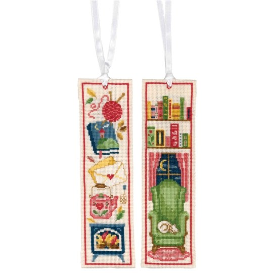 Cosy Reading Bookmarks cross stitch kit with 18 count ecru aida and DMC cottons