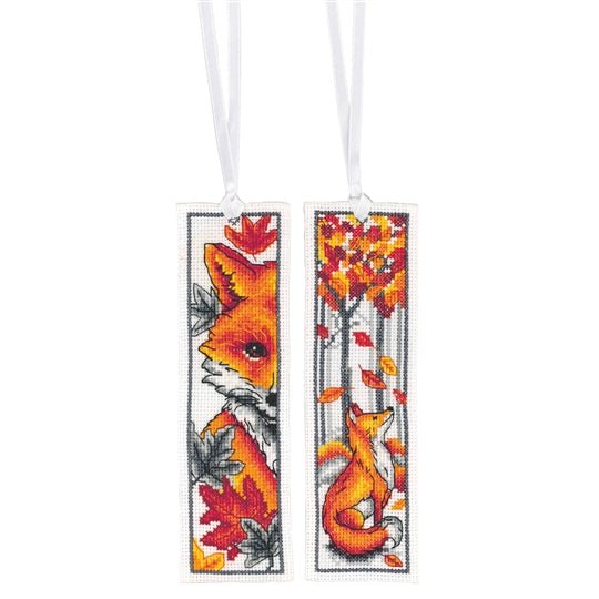 Foxes bookmarks cross stitch kit with 14 count white aida, DMC cottons, needle, chart, instructions, and ribbon.